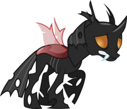 Size: 1152x995 | Tagged: safe, artist:lightningbolt, derpibooru exclusive, changeling, g4, .svg available, a fever you can't sweat out, bags under eyes, brent wilson, changelingified, fangs, frown, male, nervous, panic! at the disco, raised hoof, red changeling, sad, show accurate, simple background, solo, species swap, stallion, svg, transparent background, vector