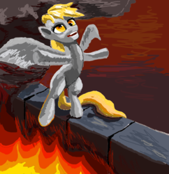 Size: 676x697 | Tagged: safe, artist:astardragon, derpy hooves, pegasus, pony, g4, bipedal, female, fire, solo, wall