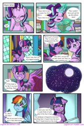 Size: 1024x1536 | Tagged: safe, artist:yogfan, rainbow dash, starlight glimmer, twilight sparkle, alicorn, pony, comic:but i do now, g4, book, comic, magic, moon, night, twilight sparkle (alicorn)