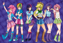 Size: 3394x2334 | Tagged: safe, artist:jenyeongi, applejack, fluttershy, pinkie pie, rainbow dash, rarity, twilight sparkle, human, g4, book, boots, clothes, compression shorts, converse, cowboy boots, cowboy hat, crossed arms, cute, denim skirt, equestria girls outfit, equestria girls plus, freckles, happy, hat, high heel boots, high heels, high res, human coloration, humane six, humanized, leg warmers, legs, mane six, open mouth, pose, shoes, skirt, sneakers, socks, stetson, tank top, wristband