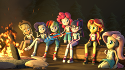 Size: 3840x2160 | Tagged: safe, artist:timetimeout, applejack, fluttershy, pinkie pie, rainbow dash, rarity, sci-twi, sunset shimmer, twilight sparkle, equestria girls, g4, my little pony equestria girls: legend of everfree, 3d, bonfire, boots, bracelet, clothes, cowboy hat, crossed legs, cute, denim shorts, electric guitar, fire, glasses, guitar, hat, high res, humane five, jewelry, musical instrument, night, shorts, sitting, sneakers, socks, source filmmaker, stetson