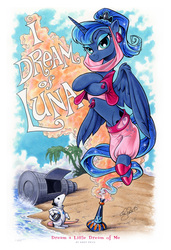Size: 2600x3800 | Tagged: safe, artist:andypriceart, princess luna, tiberius, alicorn, genie, opossum, pony, g4, andy you magnificent bastard, astronaut, clothes, crossover, female, high res, i dream of jeannie, jeannie, mare, ponytail, space helmet, spacesuit