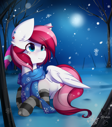 Size: 800x903 | Tagged: safe, artist:teranen, oc, oc only, oc:rouge swirl, pegasus, pony, clothes, colored pupils, scarf, snow, socks, solo, striped socks, tree, winter