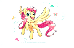 Size: 2172x1431 | Tagged: safe, artist:stasushka, fluttershy, butterfly, pegasus, pony, g4, cute, female, flying, mare, open mouth, shyabetes, simple background, smiling, solo, spread wings, traditional art, white background, wings