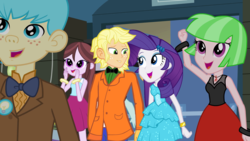 Size: 1920x1080 | Tagged: safe, artist:hectorcabz, applejack, bright idea, rarity, velvet sky, watermelody, equestria girls, g4, my little pony equestria girls, applejack (male), background human, bracelet, equestria guys, fall formal outfits, female, freckles, half r63 shipping, jewelry, lightbulb, male, offspring, rule 63, ship:applerity, shipping, sparkles, straight