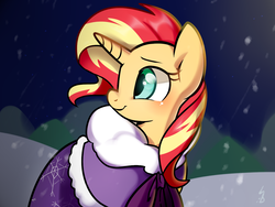 Size: 1400x1050 | Tagged: safe, artist:haden-2375, sunset shimmer, pony, unicorn, g4, bundled up for winter, clothes, female, snow, snowfall, solo, winter outfit
