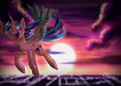 Size: 1484x1053 | Tagged: safe, artist:not-ordinary-pony, oc, oc only, oc:vapor wave, alicorn, pony, alicorn oc, flying, solo, sunset