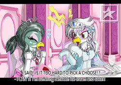 Size: 3700x2600 | Tagged: safe, artist:avchonline, gabby, gilda, griffon, pony, g4, alternate hairstyle, bipedal, black bars, bow, canterlot royal ballet academy, clothes, dress, engrish, evening gloves, gloves, hair bow, high res, jewelry, letterboxing, long gloves, makeup, menu, table, tiara