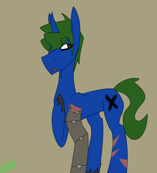 Size: 1080x1195 | Tagged: safe, artist:moonaknight13, oc, oc only, pony, amputee, bags under eyes, frown, hoof on chest, looking away, metal arm, prosthetic leg, prosthetic limb, prosthetics, scar, solo