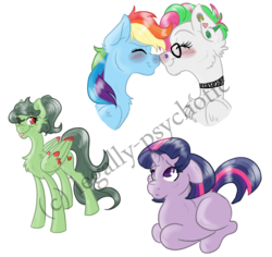 Size: 1356x1281 | Tagged: safe, artist:cranberry--zombie, rainbow dash, twilight sparkle, oc, oc:stained glass, oc:windsong, pegasus, pony, g4, blushing, bust, canon x oc, choker, ear piercing, female, glasses, hair over one eye, lesbian, mare, nuzzling, piercing, portrait, prone, shipping, simple background, tongue out, transparent background