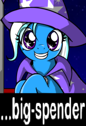 Size: 338x491 | Tagged: safe, artist:marcusmaximus, trixie, pony, unicorn, minty fresh adventure, g4, cape, clothes, cute, diatrixes, expand dong, exploitable meme, female, hat, looking at you, mare, meme, smiling, solo, starry eyes, trixie's cape, trixie's hat, wingding eyes