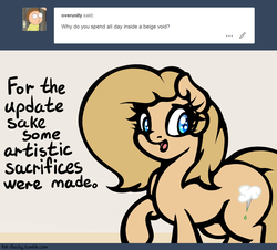 Size: 1280x1158 | Tagged: safe, artist:slavedemorto, oc, oc only, oc:backy, pony, ask, dialogue, solo, tumblr