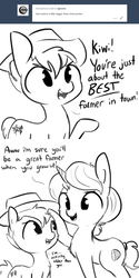 Size: 792x1584 | Tagged: safe, artist:tjpones, oc, oc only, oc:kiwi, earth pony, pony, unicorn, ask, comic, dialogue, farmer, grayscale, hat, monochrome, simple background, size difference, tumblr, white background