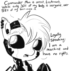Size: 792x792 | Tagged: safe, artist:tjpones, oc, oc only, oc:e-one, cyborg, black sclera, bust, dialogue, grayscale, monochrome, simple background, solo, what has science done, white background