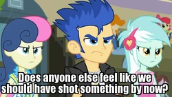 Size: 600x338 | Tagged: safe, edit, edited screencap, screencap, apple bloom, bon bon, flash sentry, lyra heartstrings, sweetie drops, valhallen, equestria girls, g4, my little pony equestria girls: friendship games, angry, background human, brax lectrus, cup, image macro, meme, ratchet and clank, vincent tong, voice actor joke