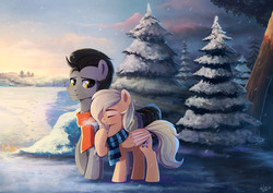 Size: 2598x1844 | Tagged: safe, artist:kaylemi, oc, oc only, oc:mirta whoowlms, pegasus, pony, clothes, female, male, mare, scarf, snow, stallion, tree, winter