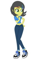 Size: 3500x5200 | Tagged: safe, artist:razethebeast, oc, oc only, oc:pauly sentry, equestria girls, g4, absurd resolution, belly button, clothes, equestria girls-ified, midriff, pants, shoes, short shirt, simple background, smiling, solo, transparent background, vector