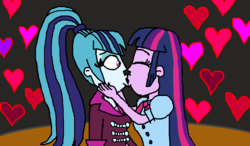 Size: 840x490 | Tagged: safe, artist:ktd1993, sonata dusk, twilight sparkle, human, equestria girls, g4, 1000 hours in ms paint, eyes closed, female, heart, kiss on the lips, kissing, lesbian, ms paint, ship:twinata, shipping