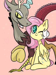 Size: 2344x3122 | Tagged: safe, artist:stargee, discord, fluttershy, draconequus, pegasus, pony, g4, female, heart eyes, high res, male, ship:discoshy, shipping, straight, wingding eyes