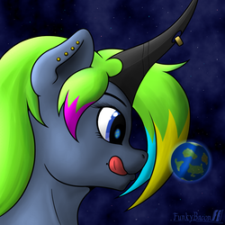 Size: 1600x1600 | Tagged: safe, artist:funkybacon, oc, oc only, oc:becky, pony, unicorn, blue eyes, earth, female, giant pony, giant unicorn, imminent vore, macro, mare, planet, pony bigger than a planet, solo, tongue out, xk-class end-of-the-world scenario