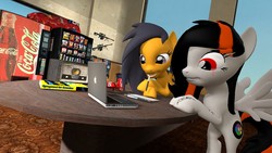 Size: 1366x768 | Tagged: safe, artist:askquickbullet, oc, oc only, oc:cannon car, oc:quick bullet, pegasus, pony, 3d, apple (company), coca-cola, computer, drawing tablet, duo, female, gun, laptop computer, mare, smiling, source filmmaker, vending machine, weapon