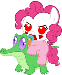 Size: 801x970 | Tagged: safe, artist:red4567, gummy, pinkie pie, pony, g4, ponies of dark water, baby, baby pony, cute, diapinkes, evil, evil pinkie pie, pacifier, pinkie joker, pinkie pie riding gummy, ponies riding gators, pure unfiltered evil, riding