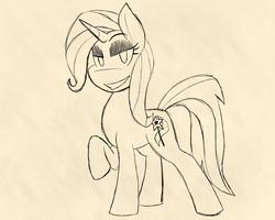 Size: 1000x800 | Tagged: safe, artist:dark-kisame, trixie, pony, unicorn, g4, female, grin, lidded eyes, looking at you, monochrome, raised hoof, sketch, smiling, solo