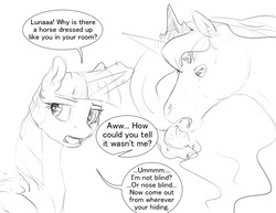 Size: 1280x989 | Tagged: safe, artist:silfoe, twilight sparkle, oc, oc:horace octavius reginald sorrel edward, alicorn, horse, pony, g4, apple, dialogue, duo, food, glowing horn, grammar error, grayscale, horn, implied princess luna, jewelry, magic, mister ed, monochrome, offscreen character, open mouth, regalia, simple background, sketch, twilight sparkle (alicorn), white background, wig, wrong your