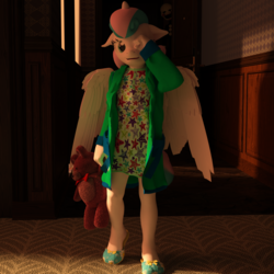 Size: 2000x2000 | Tagged: safe, artist:tahublade7, princess flurry heart, alicorn, anthro, plantigrade anthro, g4, 3d, clothes, daz studio, female, five nights at freddy's, high res, morning ponies, older, open mouth, pajamas, puppet (fnaf2), robe, rubbing, slippers, solo, sunrise, teddy bear, tired