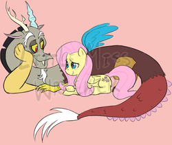 Size: 1199x1013 | Tagged: safe, artist:littlemisswrecker, discord, fluttershy, g4, cute, discute, female, male, obtrusive watermark, ship:discoshy, shipping, straight, watermark