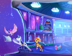 Size: 2100x1650 | Tagged: safe, artist:viwrastupr, part of a set, discord, princess flurry heart, shining armor, sunburst, g4, backwards cutie mark, balcony, book, cloak, clothes, color porn, crib, crystal empire, father and daughter, flying, glasses, mouth hold, night, pillow, pulling, scenery, smiling, spread wings, stars, trio