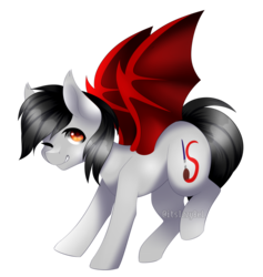 Size: 1024x1081 | Tagged: safe, artist:itsizzybel, oc, oc only, oc:scarlet spectrum, bat pony, pony, art trade, female, looking at you, mare, one eye closed, raised hoof, simple background, smiling, solo, spread wings, transparent background, wink