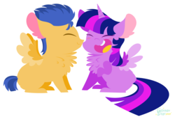 Size: 4728x3232 | Tagged: safe, artist:glitterstar2000, flash sentry, twilight sparkle, alicorn, pegasus, pony, g4, blushing, chest fluff, chibi, duo, eyes closed, female, high res, laughing, male, open mouth, ship:flashlight, shipping, simple background, smiling, straight, twilight sparkle (alicorn), white background