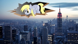 Size: 3840x2160 | Tagged: safe, artist:drakizora, edit, editor:mrdoctorderpy, derpy hooves, pegasus, pony, g4, ceiling pony, female, high res, irl, mare, new york city, nose wrinkle, photo, ponies in real life, scrunchy face, simple background, solo