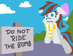 Size: 395x300 | Tagged: safe, artist:threetwotwo32232, oc, oc only, oc:breezy, pony, bomb, bow, clothes, male, parody, scarf, solo, the simpsons, weapon