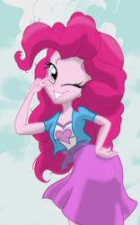 Size: 1200x1920 | Tagged: safe, artist:theroyalprincesses, pinkie pie, equestria girls, g4, boobs and butt pose, breasts, cleavage, clothes, cute, diapinkes, female, looking at you, one eye closed, reasonably sized breasts, simple background, skirt, solo, wink