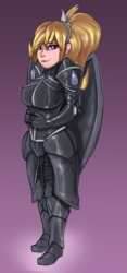 Size: 1569x3365 | Tagged: safe, oc, oc only, human, armor, female, freckles, gradient background, humanized, humanized oc, looking at you, ponytail, shield, solo