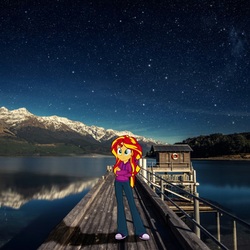 Size: 1184x1184 | Tagged: safe, sunset shimmer, equestria girls, g4, clothes, equestria girls in real life, female, jacket, lake, mountain, mountain range, pier, scenery, solo, stars