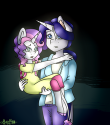 Size: 584x665 | Tagged: safe, artist:marimey, rarity, sweetie belle, anthro, unguligrade anthro, g4, duo, holding
