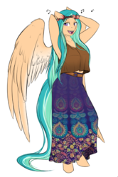 Size: 579x874 | Tagged: safe, artist:askbubblelee, oc, oc only, oc:willow breeze, pegasus, anthro, unguligrade anthro, anthro oc, arm behind head, armpits, beautiful, breasts, clothes, female, floral head wreath, flower, large wings, lidded eyes, mare, mother, music notes, open mouth, simple background, singing, skirt, smiling, solo, standing, white background, wings, younger