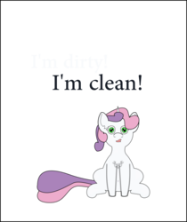 Size: 967x1150 | Tagged: safe, artist:planetkiller, derpibooru exclusive, sweetie belle, pony, g4, derpibooru theme illusion, female, illusion, looking at you, meme, open mouth, sitting, solo, text