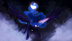Size: 1800x1035 | Tagged: safe, artist:supremeowl, princess luna, pony, g4, female, flying, glowing eyes, glowing horn, horn, moon, night, solo, stars, tangible heavenly object