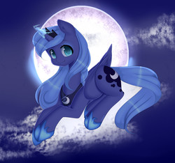 Size: 1645x1537 | Tagged: safe, artist:clefficia, princess luna, alicorn, pony, g4, art trade, cloud, crown, cute, eyeshadow, female, full moon, glowing horn, horn, jewelry, looking at you, lunabetes, makeup, moon, night, prone, regalia, s1 luna, smiling, solo