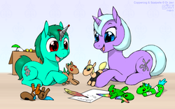 Size: 800x500 | Tagged: safe, artist:drjavi, oc, oc only, oc:coppercog, oc:scalpelle, colt, doll, female, filly, foal, male, playing, siblings, toy