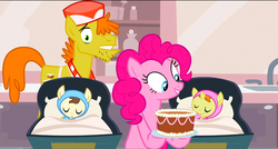 Size: 1360x730 | Tagged: safe, screencap, carrot cake, pinkie pie, pound cake, pumpkin cake, pony, baby cakes, g4, cake, cake twins, food, hoof sucking, sleeping, swaddling