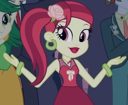 Size: 500x411 | Tagged: safe, screencap, rose heart, scott green, sweet leaf, teddy t. touchdown, equestria girls, g4, shake your tail, bracelet, cropped, ear piercing, earring, fall formal outfits, female, flower, flower in hair, jewelry, piercing, solo