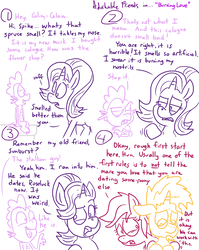 Size: 1280x1611 | Tagged: safe, artist:adorkabletwilightandfriends, roseluck, spike, starlight glimmer, sunburst, dragon, earth pony, pony, unicorn, comic:adorkable twilight and friends, g4, adorkable friends, cologne, comic, crossed arms, dialogue, floppy ears, lidded eyes, lineart, looking at each other, nostrils, open mouth, sad, sitting, slice of life, smelly
