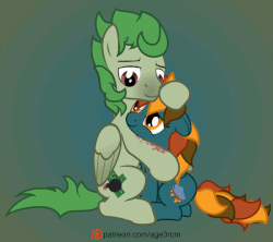 Size: 600x533 | Tagged: safe, artist:age3rcm, oc, oc only, earth pony, pegasus, pony, animated, cuddling, gif, patreon, patreon logo, petting, simple background, snuggling