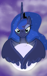 Size: 1200x1920 | Tagged: safe, artist:theroyalprincesses, princess luna, alicorn, pony, g4, female, full moon, looking at you, mare, moon, pony bigger than a planet, smiling, solo, tangible heavenly object, wings