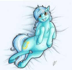 Size: 2509x2416 | Tagged: safe, artist:lupiarts, lyra heartstrings, pony, unicorn, g4, bed, belly, belly button, chest fluff, chubby, cute, female, floppy ears, grin, high res, looking at you, lyrabetes, on back, plump, smiling, solo, traditional art